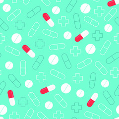 Seamless pattern of pills. Blue medical background.