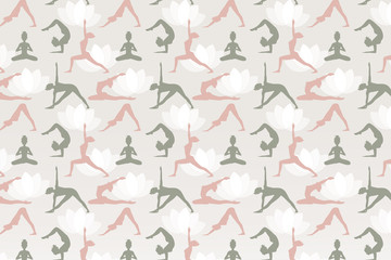 Different yoga poses. Background with female silhouettes.