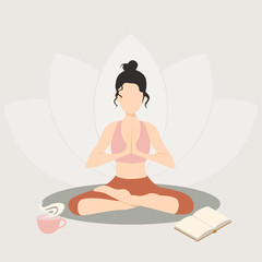 Woman meditates. Girl with imperfect body in yoga pose isolated on white.