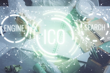 Cryptocurrency hologram, bitcoin, ico theme over hands taking notes background. Concept of blockchain. Multi exposure