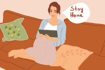 Woman with a digital tablet on the couch at home. Stay at home during a quarantine concept. Colorful vector illustration in flat cartoon style