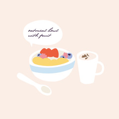Vector illustration bowl of oatmeal breakfast with different fruits and cup of coffee. Healthy vegan diet,