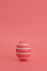 Pink Easter egg with white stripes stands against pink background. Monochrome Happy Easter card. Copy space. Pink monochrome. 