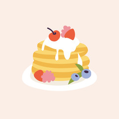 Vector Illustration of pancakes with cream and different fruits. Delicious bakery breakfast.