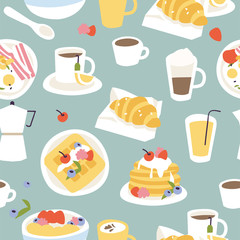 Vector illustration set of different breakfasts. Various tasty bakery products and hot drinks. Seamless pattern.