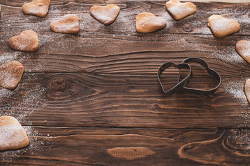 Background with homemade cakes, fragrant cookies. Cookies in form hearts