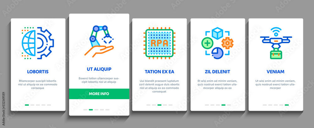 Aufkleber rpa cyber technology onboarding mobile app page screen vector. rpa robotic process automation, drone