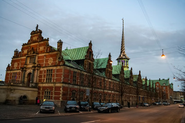 View to Borsen, building of Copenhagen Stock Exchange on the island of Slotsholmen. Copenhagen, Denmark. February 2020