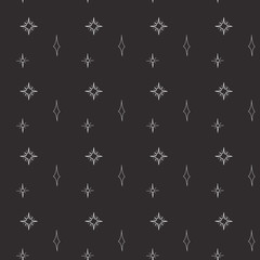 Mystical occult art deco star digital doodle outline seamless pattern on black background. Print for fabrics, banners, cards, wrapping paper, stationery.