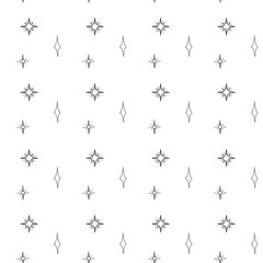 Mystical occult art deco star digital doodle outline seamless pattern on white background. Print for fabrics, banners, cards, wrapping paper, stationery.