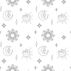 Mystical occult art deco moon, stars, sun digital doodle outline seamless pattern on a white background. Print for fabrics, banners, cards, wrapping paper, stationery.