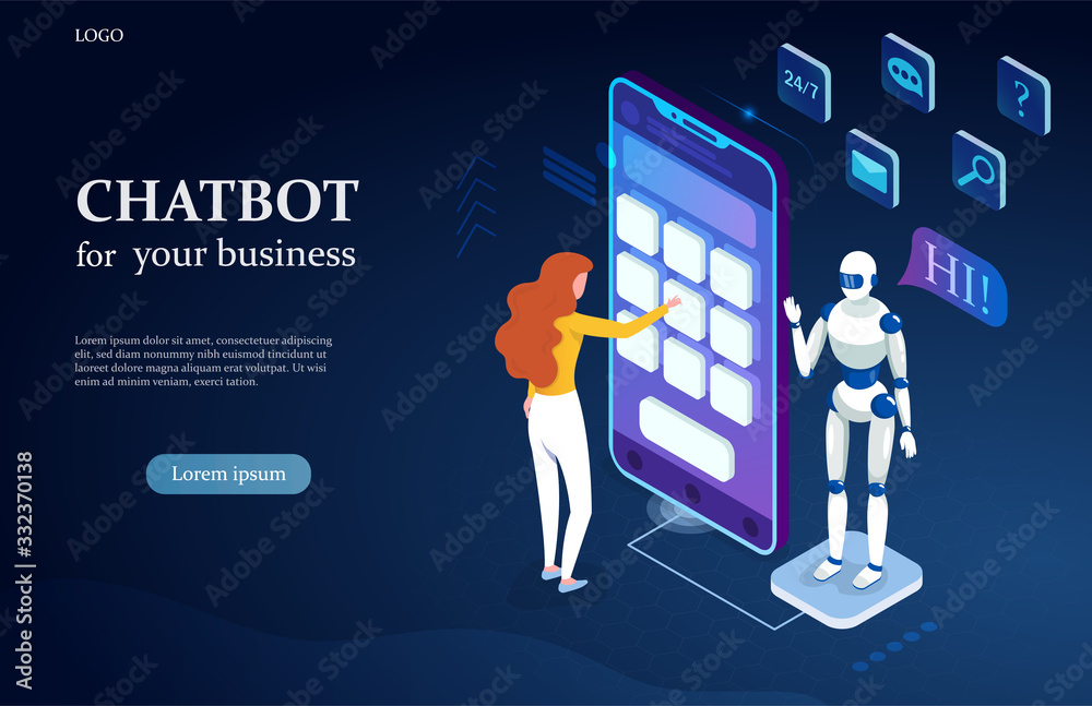 Poster using chatbot technology in a business with a young woman using a computer interface to simulate a h