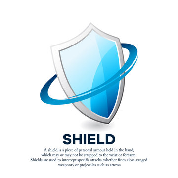 Vector illustration of a shiny iron shield surrounded by swoosh shapes. Suitable for protection, health and safety design. Blue protective shield graphic resources.