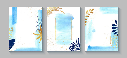 Set of creative cards with blue watercolor, golden sequins and hand drawn tropical plants.Vector decorative greeting card or invitation design background
