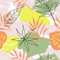 Fototapeta na wymiar Exotic trendy pattern with tropical plants. Modern abstract design for paper, wallpaper, cover, fabric and other users. Vector illustration.