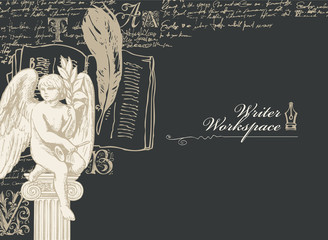 Vector banner on a writers theme with sketches and place for text. Writer workspace. Vintage illustration with hand-drawn angel, feather, notebook and illegible handwritten notes on a black background