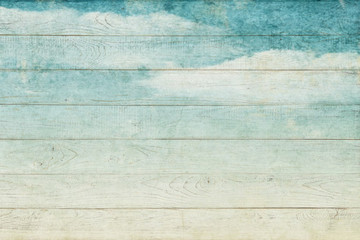 Blue sky wooden background with copy space for your text or image