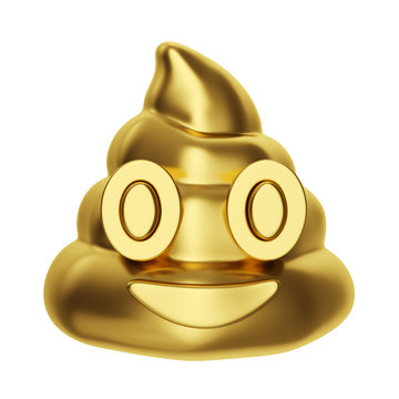 Gold happy poop emoji isolated on white background. Pin, patch, stamp, icon, sticker. Creative minimal design art. 3d illustration.