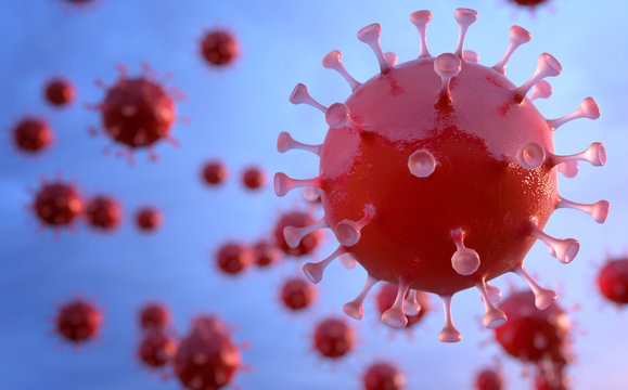 Coronavirus COVID-19. A group of coronavirus molecules bacteria in the air. 3D illustration.