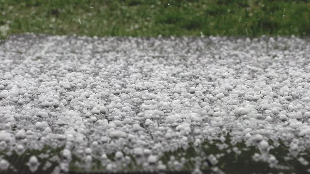 Falling hail on grass in spring garden