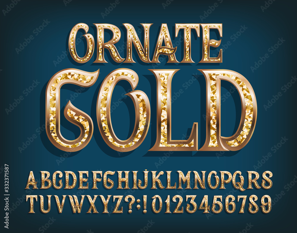 Fototapete ornate gold alphabet font. fancy golden letters and numbers. stock vector typescript for your design