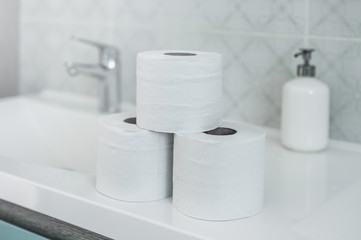 Close-up of toilet paper. Toilet paper in bathroom. Hygiene concept.