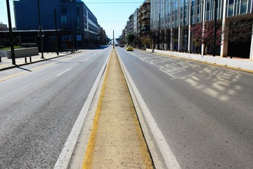 Athens, Greece, March 21 2020 - Empty Suggrou Avenue, one of the most crowded streets of Athens due to Coronavirus outbreak. 