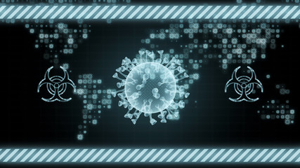 Covid 19. Corona Virus Healthcare Concept. Microbiology And Virology, Pandemic all over the world. Coronavirus bacteria with Infected World Map Background Hologram 3D Render