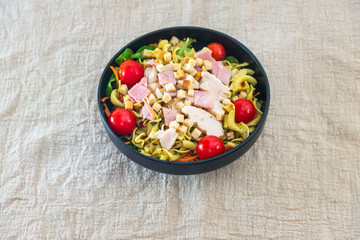 cereal specialties cooked with salad, roasted chicken aiguillette cured with salted and bacon