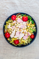 cereal specialties cooked with salad, roasted chicken aiguillette cured with salted and bacon