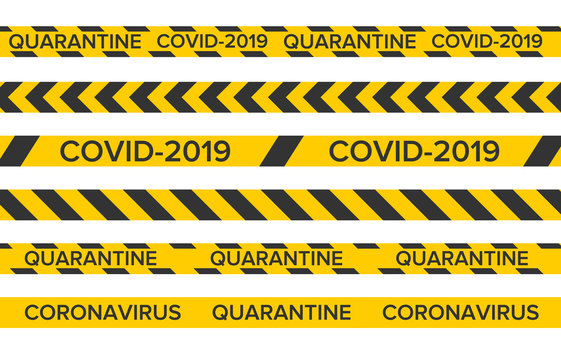 Pandemic stop. Coronavirus covid-19 2019-nCoV. Black and yellow stripes set. Warning tapes. Danger. Quarantine biohazard sign. Caution ,Warning or stop corona virus concept. Vector