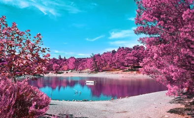 Selbstklebende Fototapeten Hochrot Infrarotlandschaft des Beletsi-Sees in der Nähe des Berges Parnes Griechenland  © photo_stella