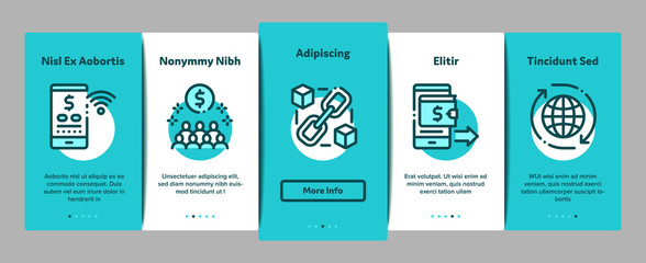 Naklejka premium Fintech Innovation Onboarding Mobile App Page Screen Vector. Bitcoin Financial Technology, Binary Code And Electronic Exchange, Wifi Smartphone Fintech Color Contour Illustrations