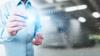 Applications icons on virtual screen, technology, development background concept.
