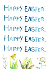 Easter card decorated with easter eggs and flowers around the wreath on green pastel background.