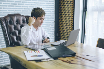 Administrator business man financial inspector and secretary making report, Internal Revenue Service checking document. Hand man doing finances and calculate on desk about cost at home office. Balance