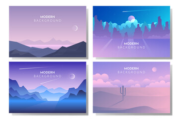 Vector backgrounds. Minimalist style. Flat concept. 4 landscapes collection. Mountains lake, Night desert, Moonlight night, Starry sky
