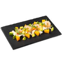  Salad with avocado mango salmon on a white background1