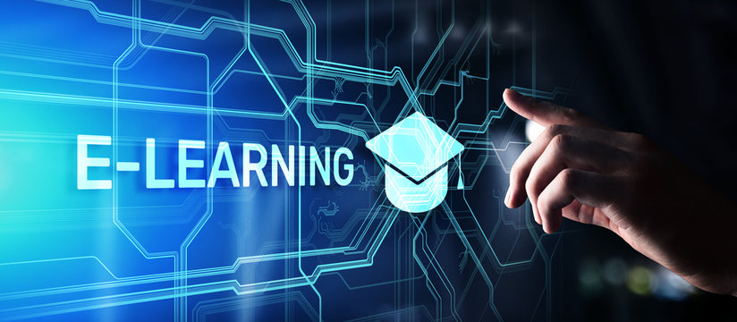 E-learning, Online education, internet studying. Business, technology and personal development concept on virtual screen