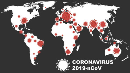 Covid-19, 2019-nCoV, Coronavirus disease World map vector illustration in B&W. Map shows how coronavirus is spreading worldwide.