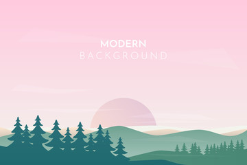 Landscape banner with forest and mountain, fog, trees.