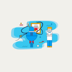People relax, robots work. Color vector illustration