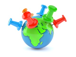 World globe with thumbtacks