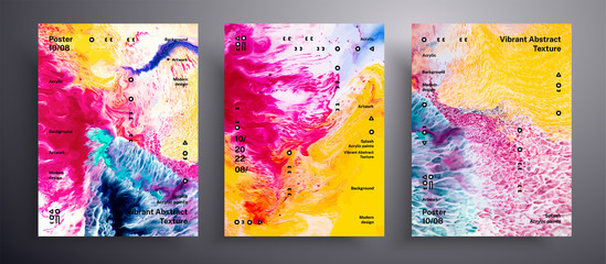 Abstract vector poster, set of modern design fluid art covers. Beautiful background that can be used for design cover, invitation, flyer and etc. Yellow, pink, blue and white trendy painting backdrop
