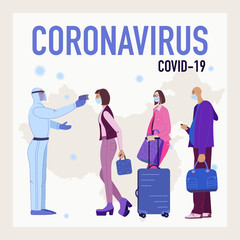 Illustration of Coronavirus COVID-19 outbreak concept. Multiracial people in medical face mask standing in queue. Passangers are measured temperature. Novel coronavirus (2019-nCoV).