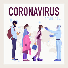 Illustration of Coronavirus COVID-19 outbreak concept. Multiracial people in medical face mask standing in queue. Passangers are measured temperature. Novel coronavirus (2019-nCoV).