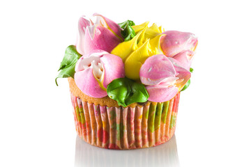  cupcake with flowers from cream on a white background for the menu