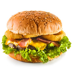  gamberger with beef cutlet and onion rings on a white background for the site
