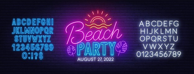 Beach party neon sign on brick wall background. Template for design with fonts.