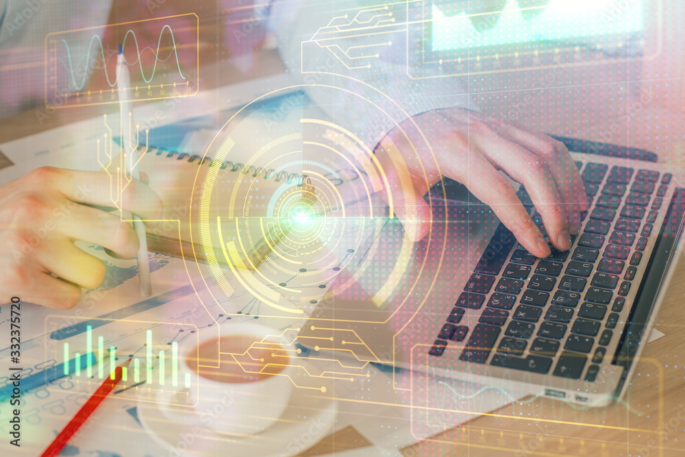 Aufkleber double exposure of data internet theme hologram with man working on computer on background. concept 